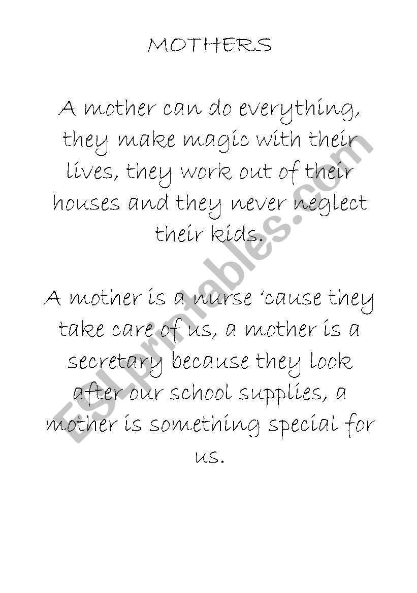 poems for mothers day worksheet