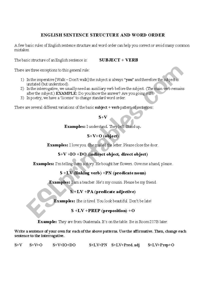 English Sentence Structure worksheet