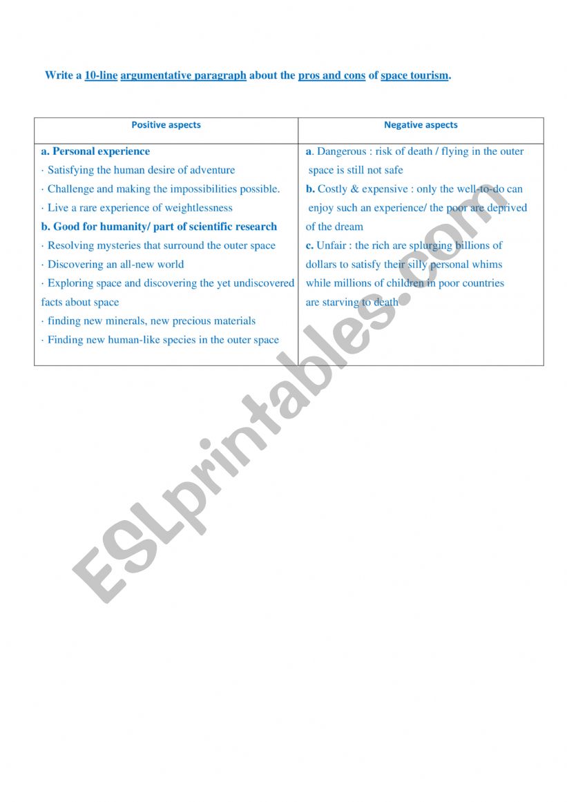 space tourism worksheet