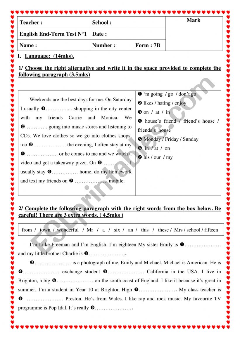 end term test worksheet