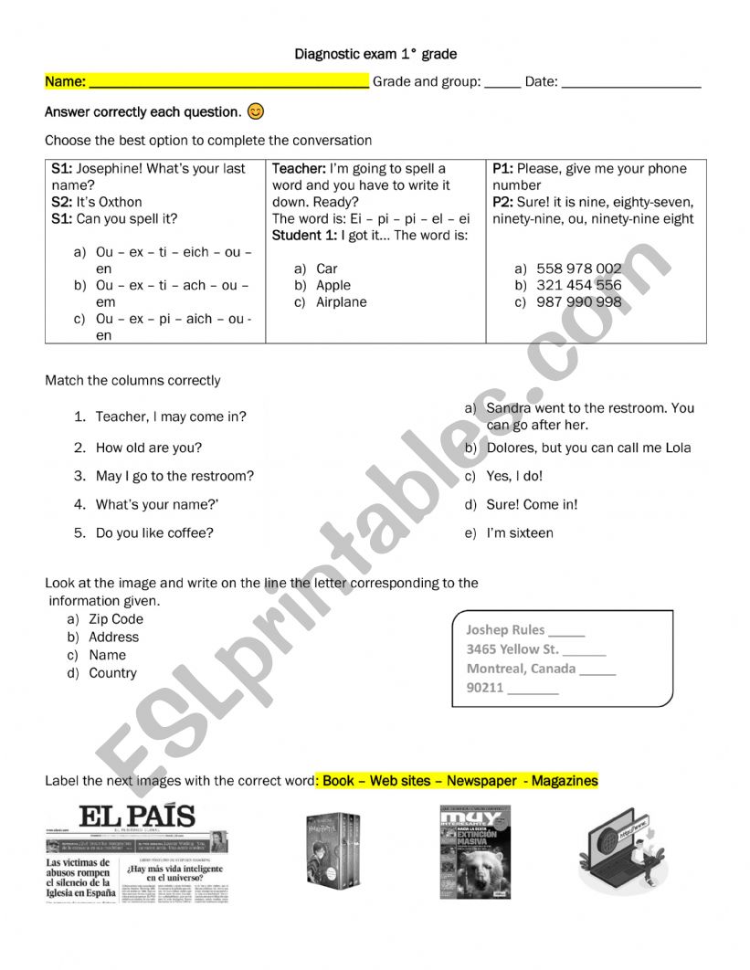 DIAGNOSTIC EXAM 1 worksheet