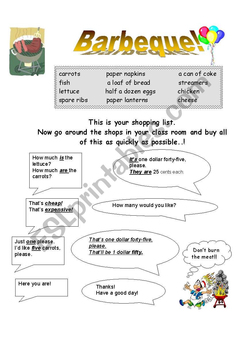 Barbeque shopping role play worksheet