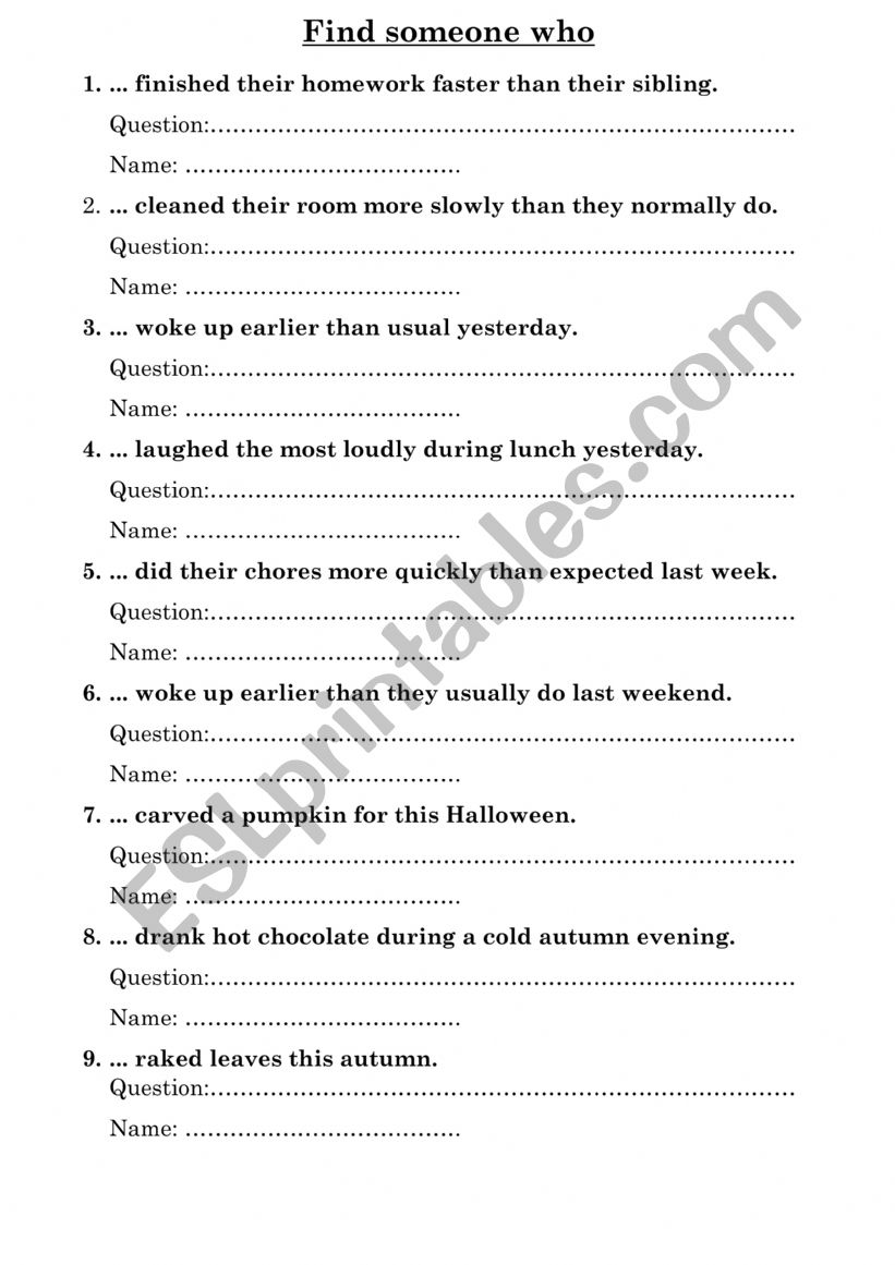 Find someone who .... past simple, adverbs + autumn vocabulary