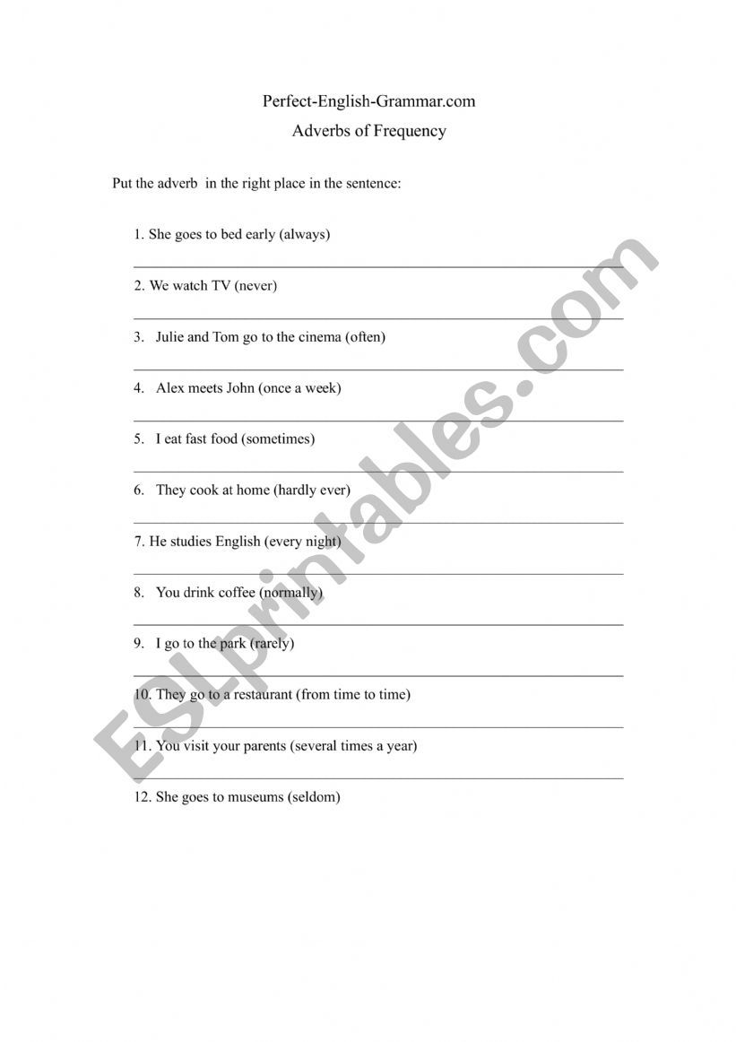 adverbs of frecuency  worksheet