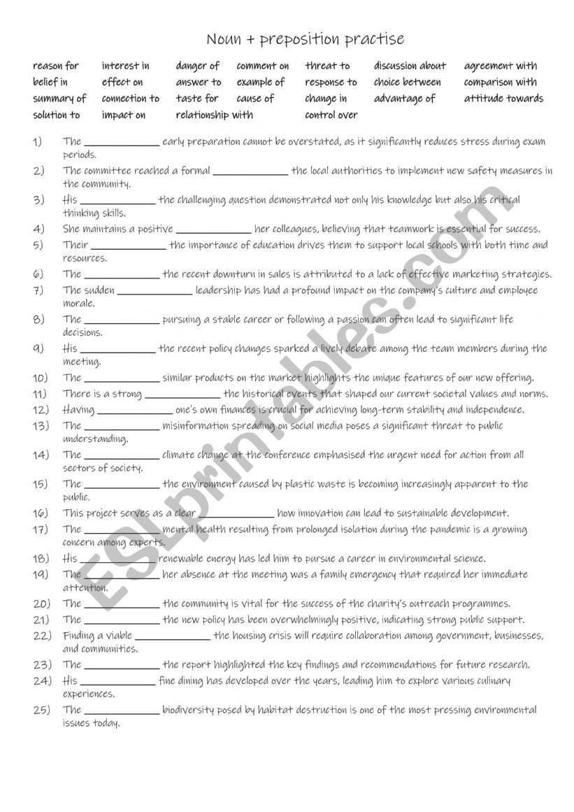 B1-B2 Noun + preposition practise Part 2