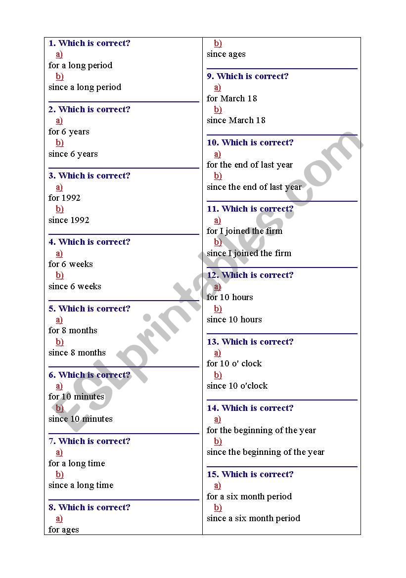 for/since worksheet