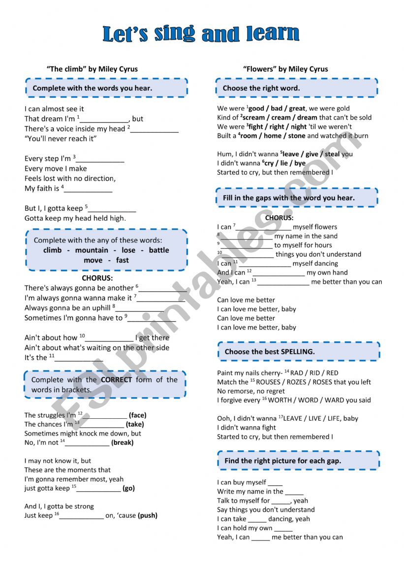 Miley Cyrus� songs worksheet