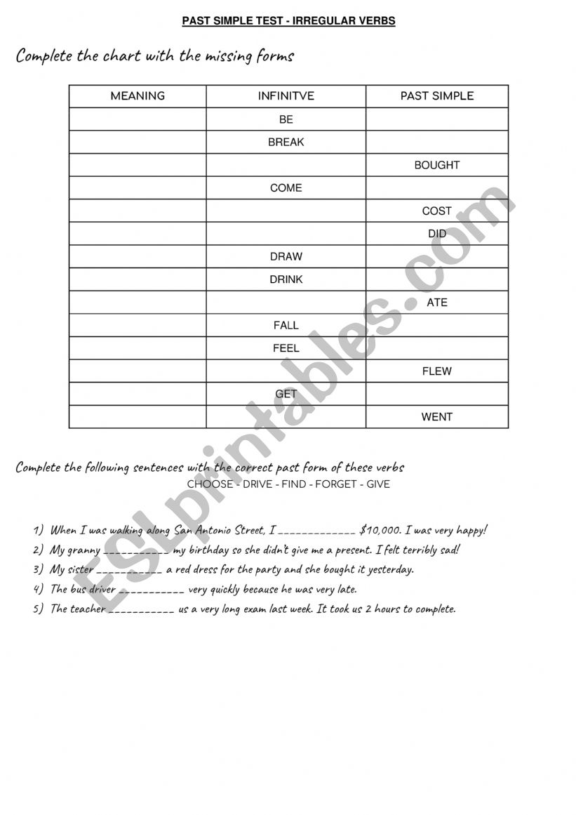 Past forms irregular verbs worksheet