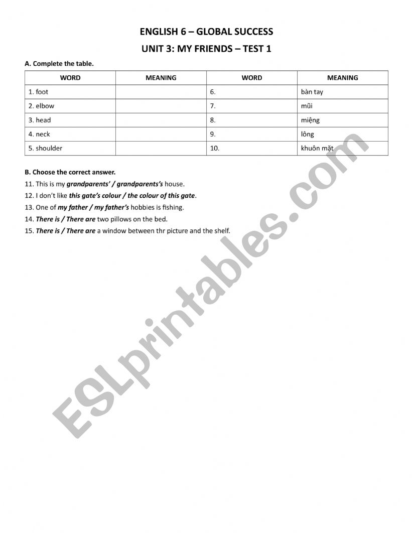Test for English 6 - Unit 3 worksheet