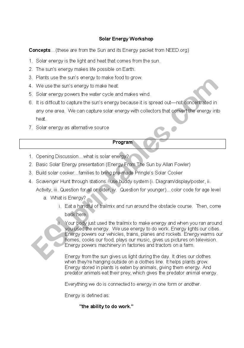 Solar Energy Unit worksheet