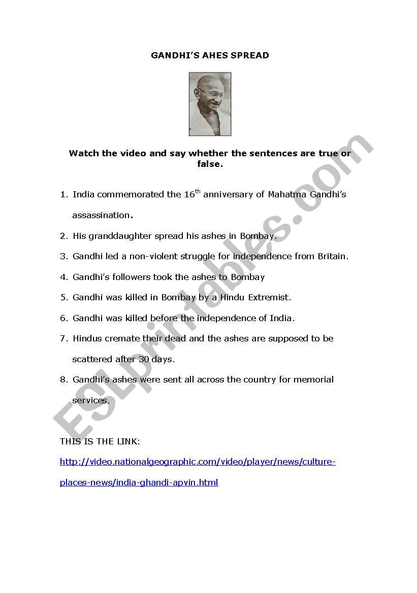 VIDEO WORKSHEET: GANDHI ASHES SPREAD