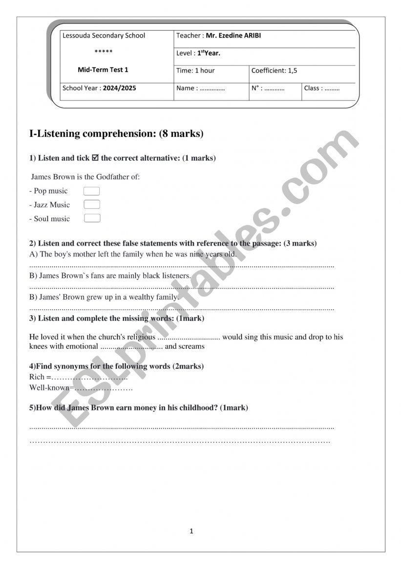 mid term test 1 first form worksheet
