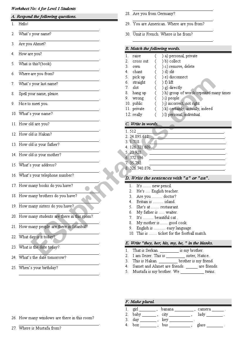 mixed excersises forlevel one students 