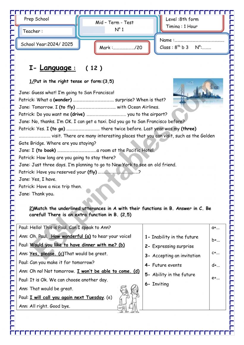 Mid-Term test n1 8th form worksheet