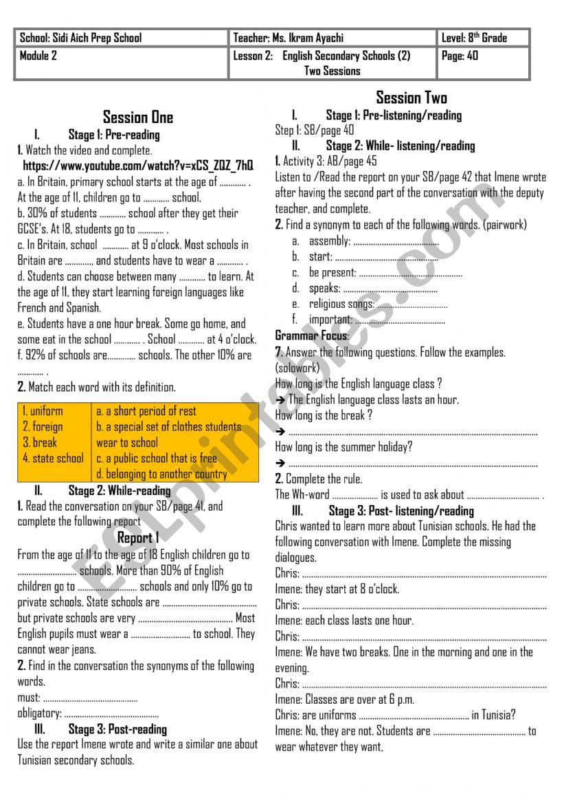 8th Grade - Module 2 - Lesson 2 - English Secondary Schools (2) + Group Session