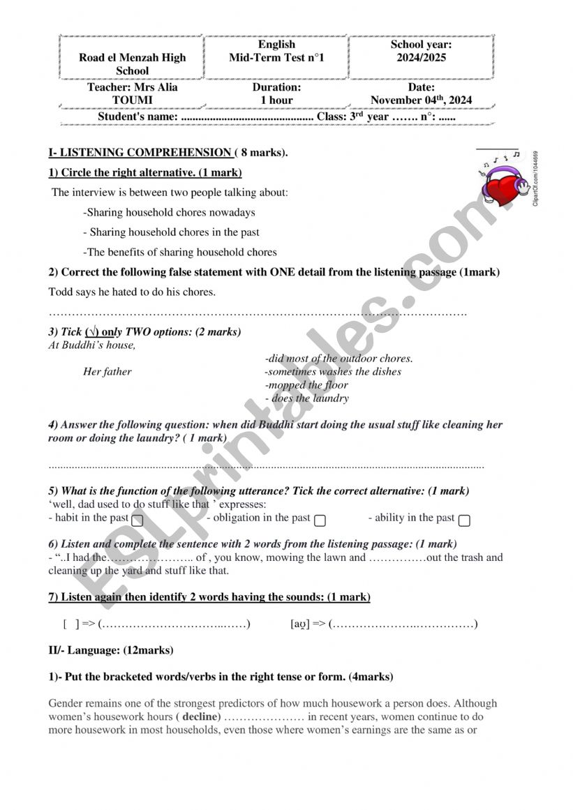 3rd form mid-term test N°1 - ESL worksheet by soumasassi
