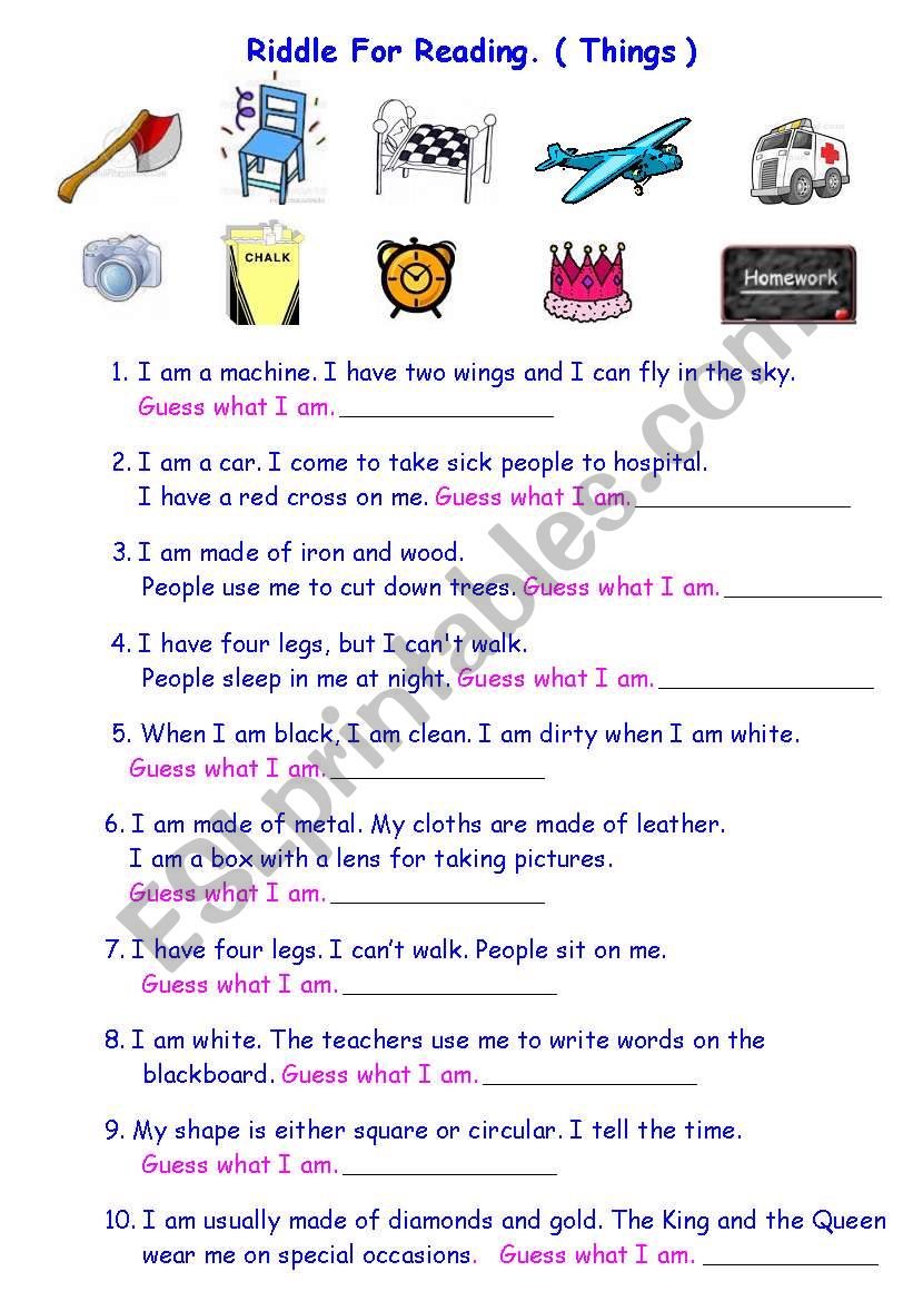 Riddle for reading (Things) worksheet