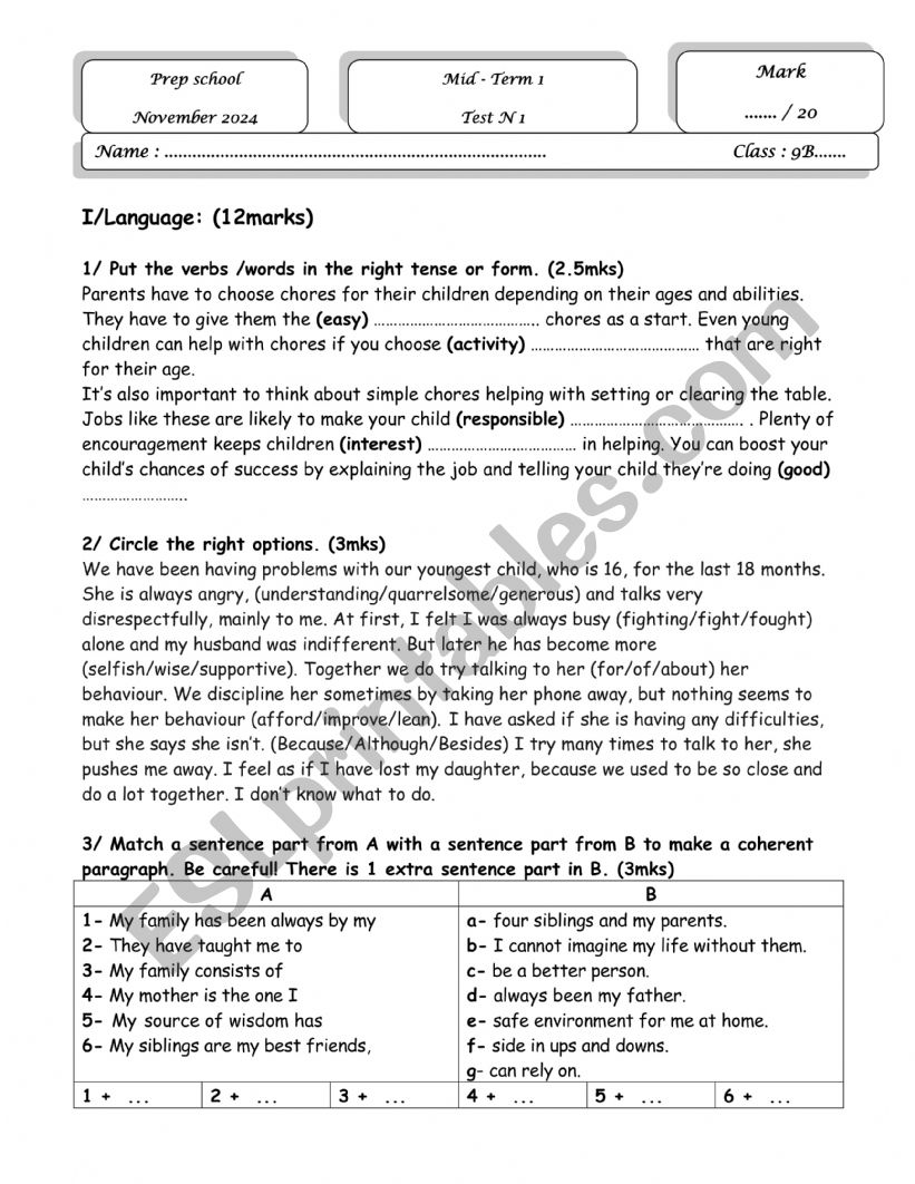 9th MTT1 with a listening passage about pocket money. Some grammar tasks about family relationships.