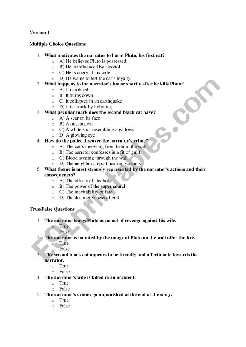E. A. Poe The Black Cat quiz worksheet
