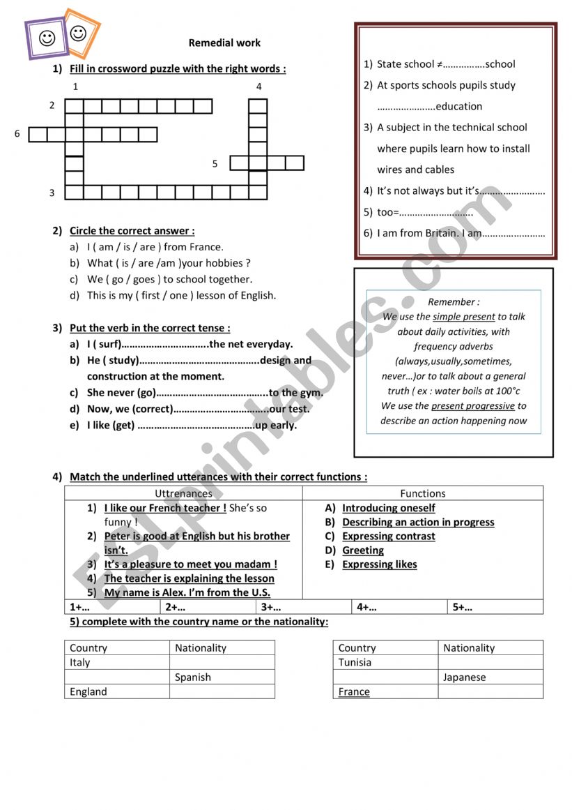 Remedial work n1 after the mid-term test n1 9th form Tunisian technical school s