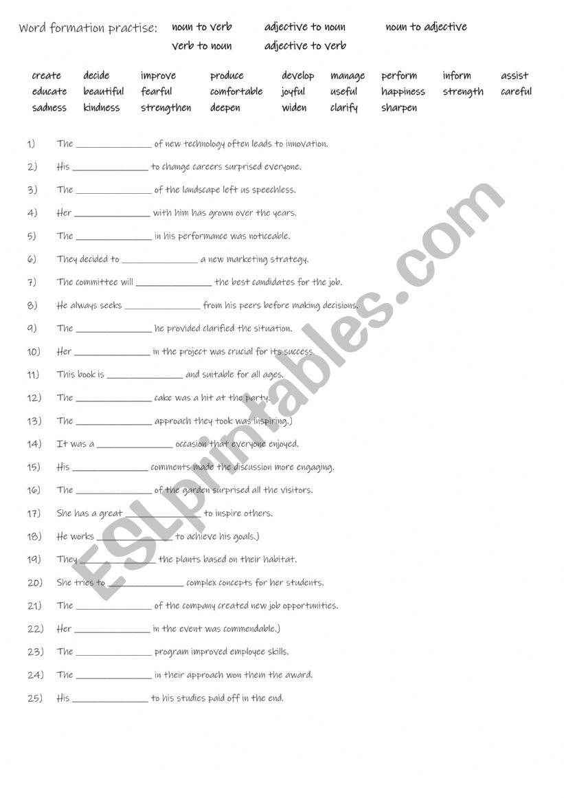 B1-B2 Word formation practise - noun to verb, adjective to noun, noun to adjective, verb to noun, adjective to verb 