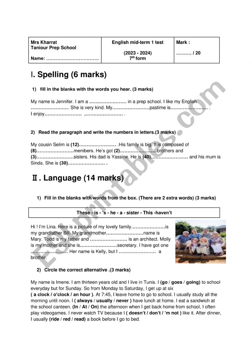  7th form Mid-term 1 test  worksheet