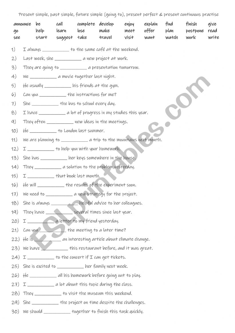 A2+-B1 Present simple, past simple, future simple (going to), present perfect & present continuous practise