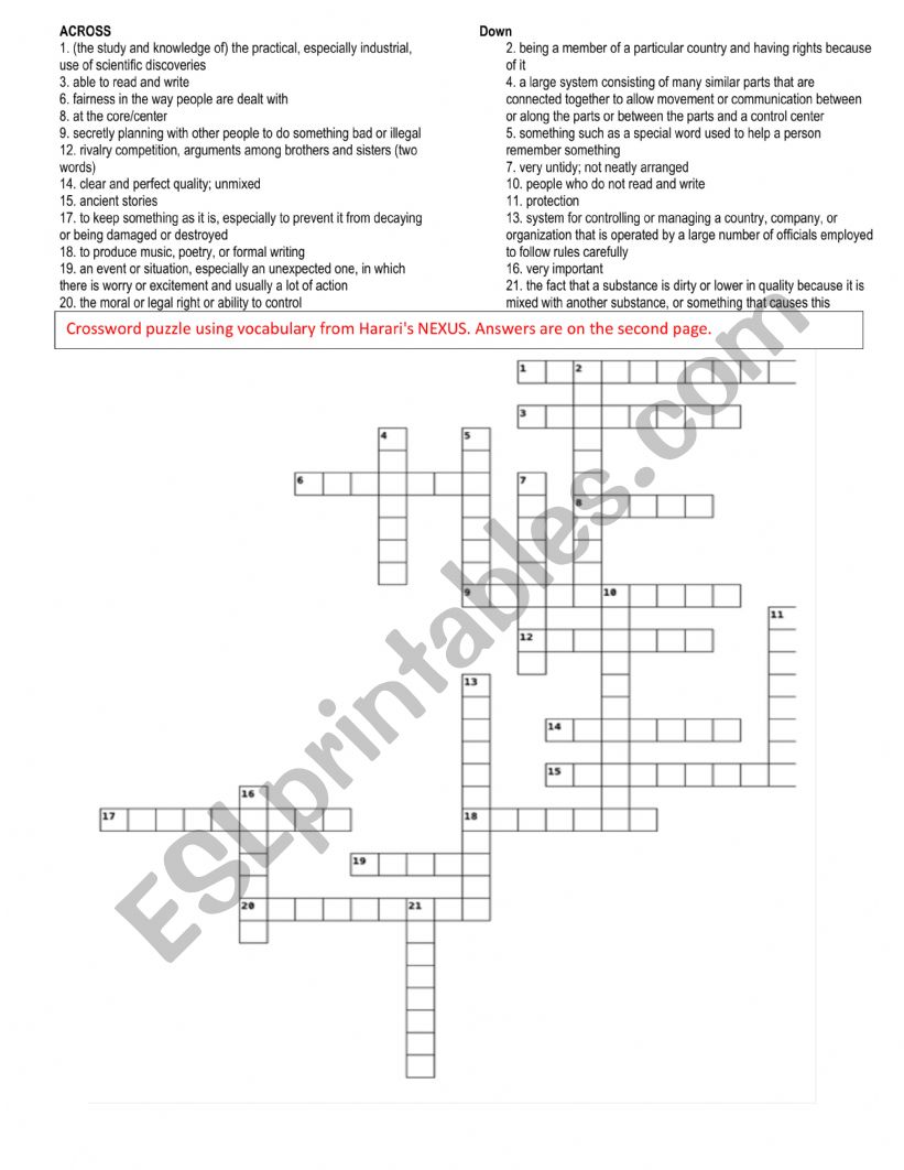 Crossword puzzle using vocabulary from Harari�s NEXUS. Answers are on the second page. 