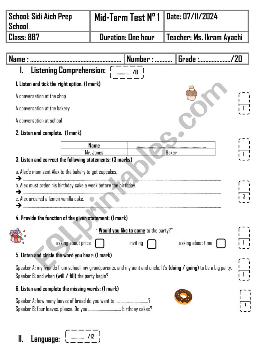 8th Grade - Mid-Term Test 1 worksheet