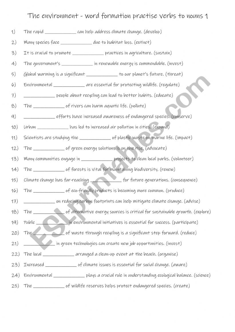 B1-B2 The environment - word formation practise verbs to nouns 1