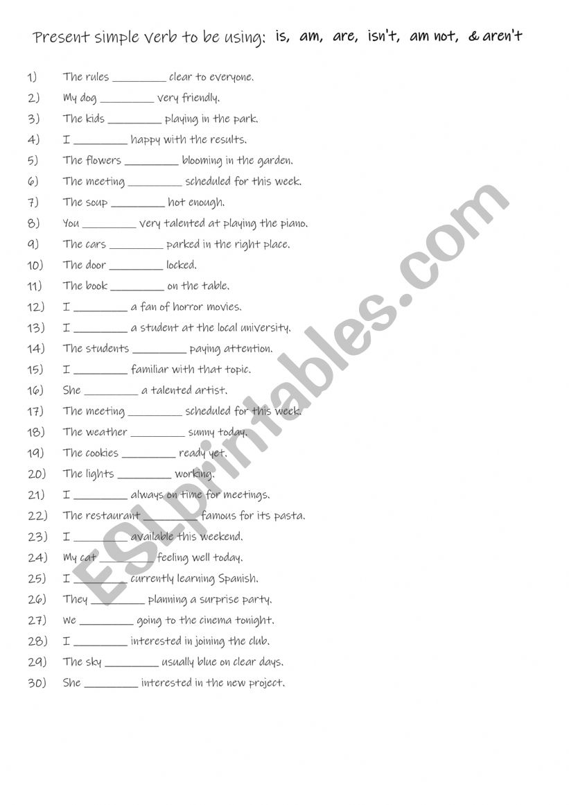 A1-A2 Present simple verb to be using is, am, are, isn�t, am not, & aren�t