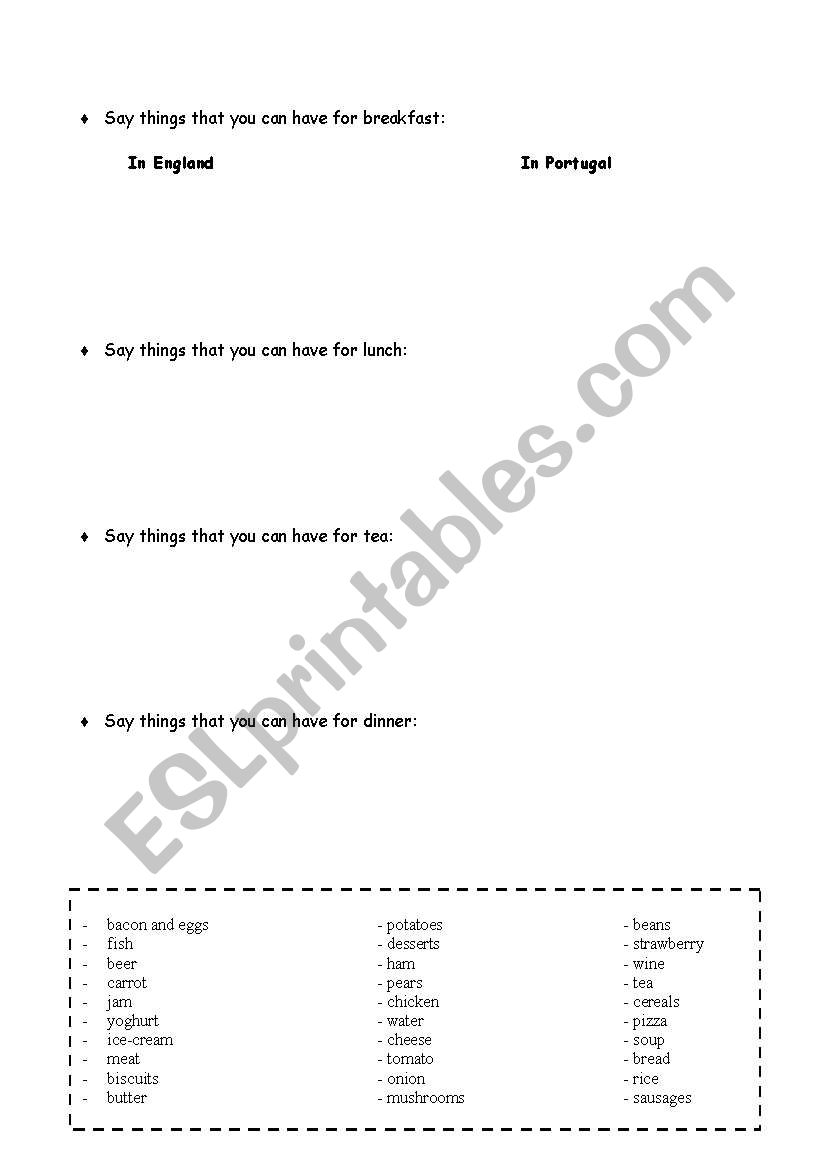 Meals worksheet