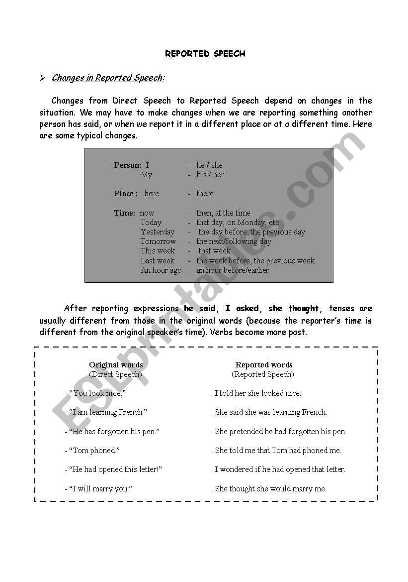 Reported speech worksheet