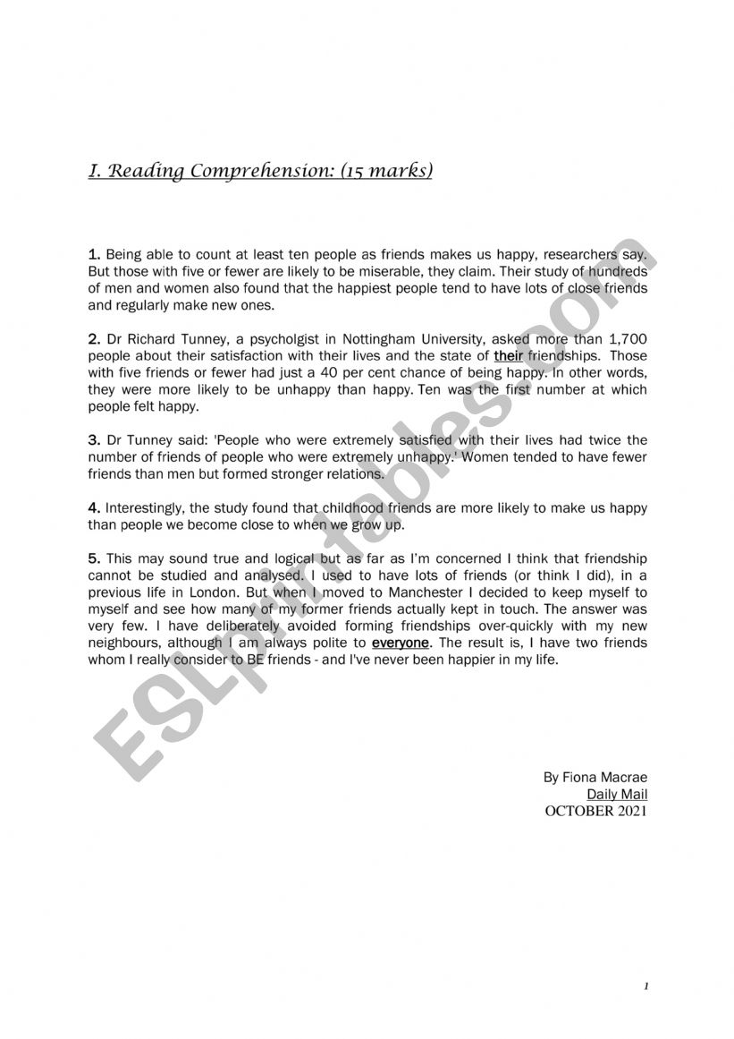 Full term test 1  for 1st year sec education 