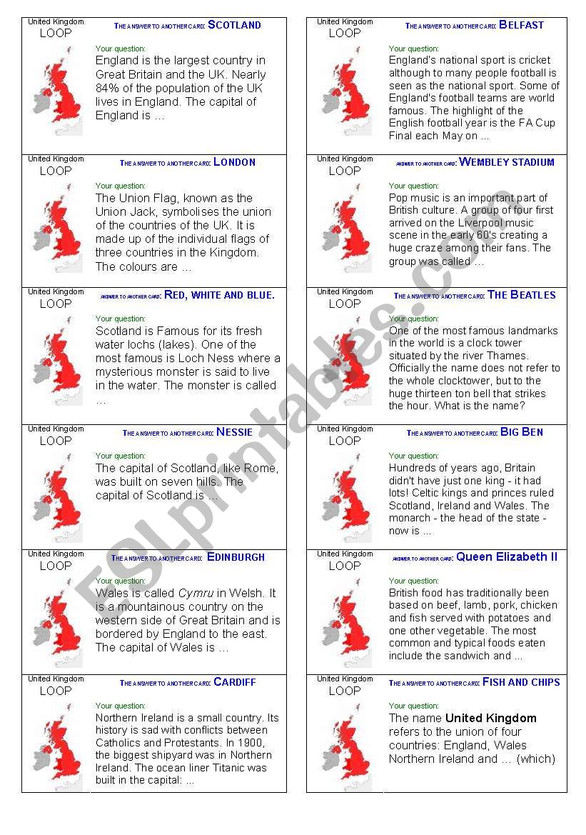 UK loop. Reading and communication cards.