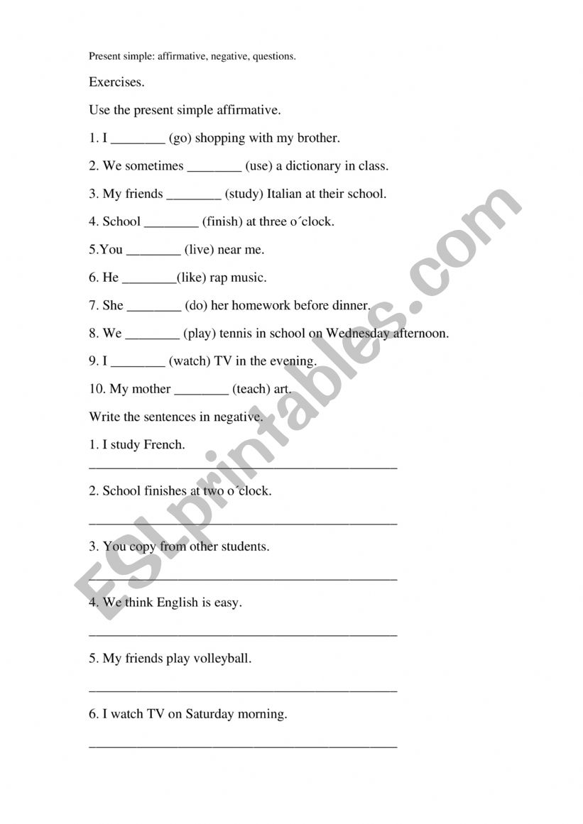 Present Simole exercises worksheet