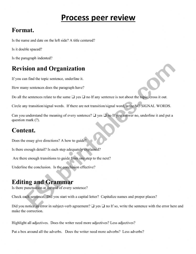 Process Essay Peer Review Exercise