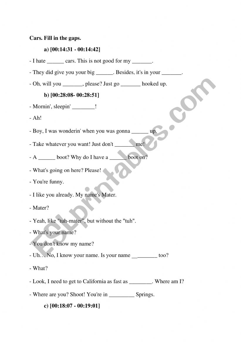 Cars. Fill in the gaps. worksheet