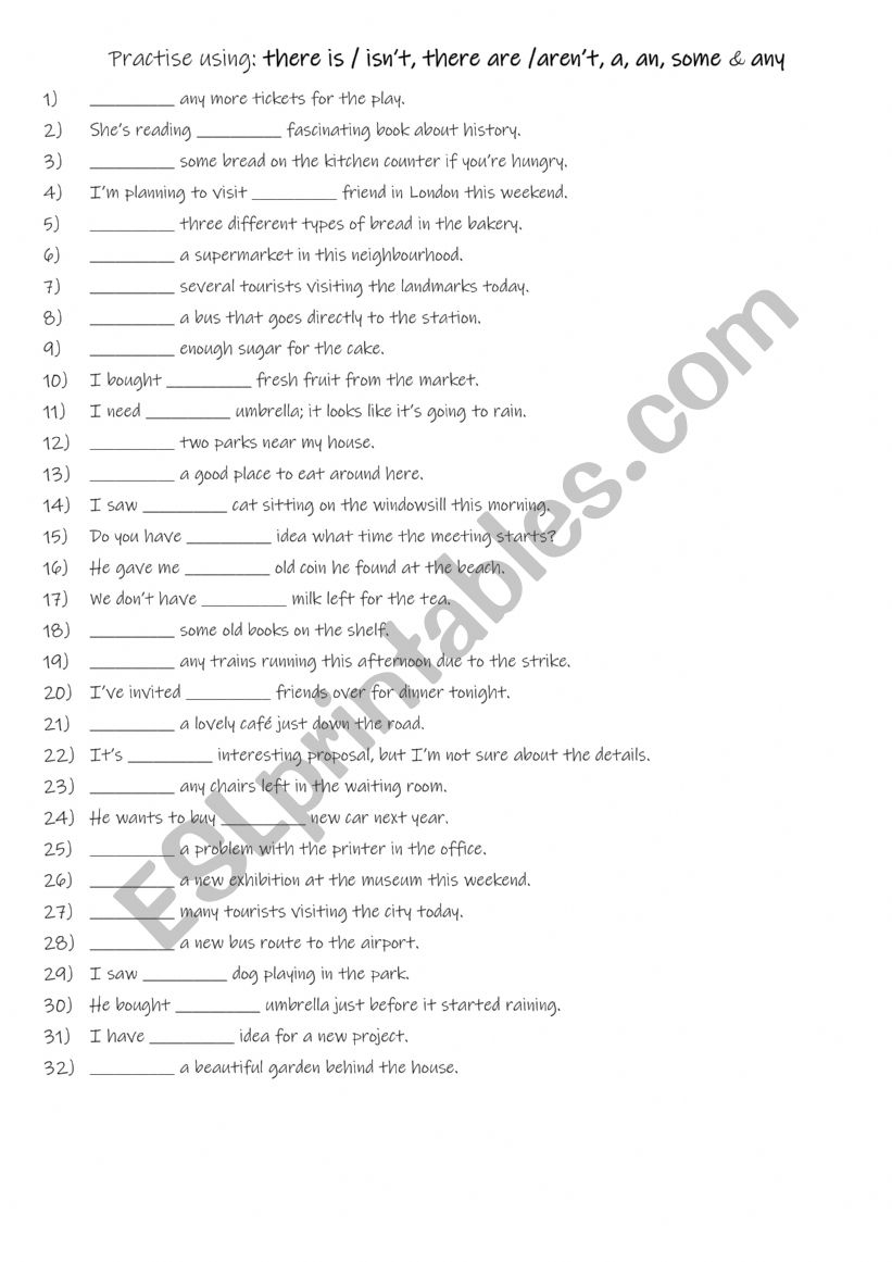 A1+-A2 Articles and quantifiers Practise using there is / isnâ€™t, there are / arenâ€™t, a, an, some & any