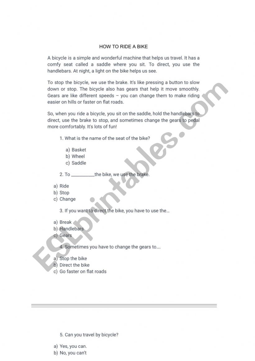 How to ride a bike worksheet