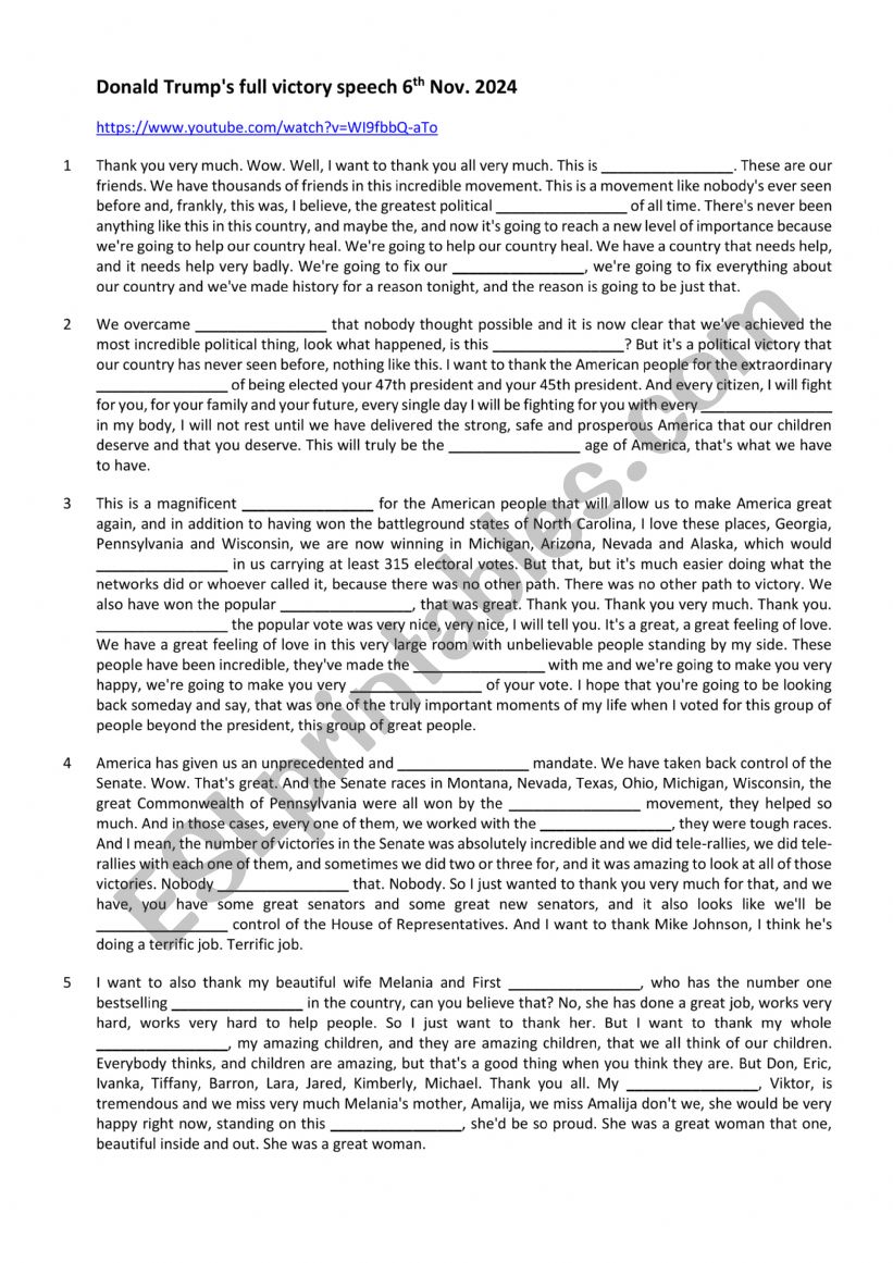 Donald Trump - victory speech 6th Nov. 2024 - fill in the gaps listening exercise