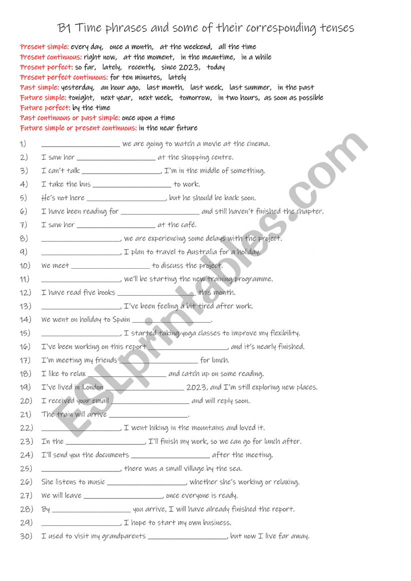 B1 30 time phrases and some of their corresponding tenses