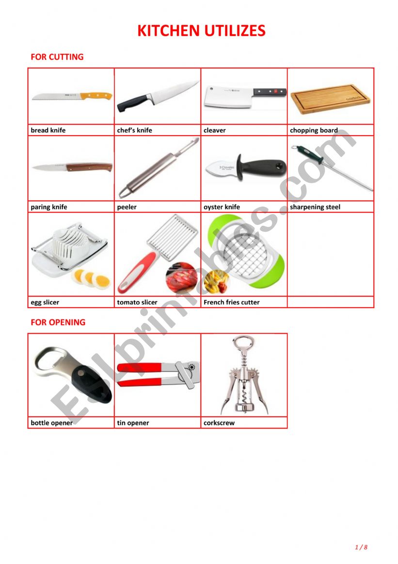 Kitchen Utilizes worksheet