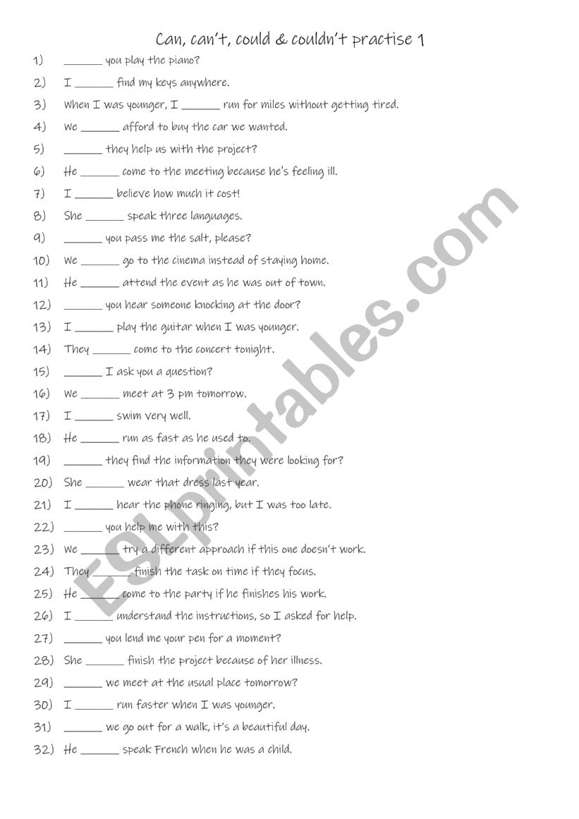 A1 Can, canâ€™t, could & couldnâ€™t practise 1