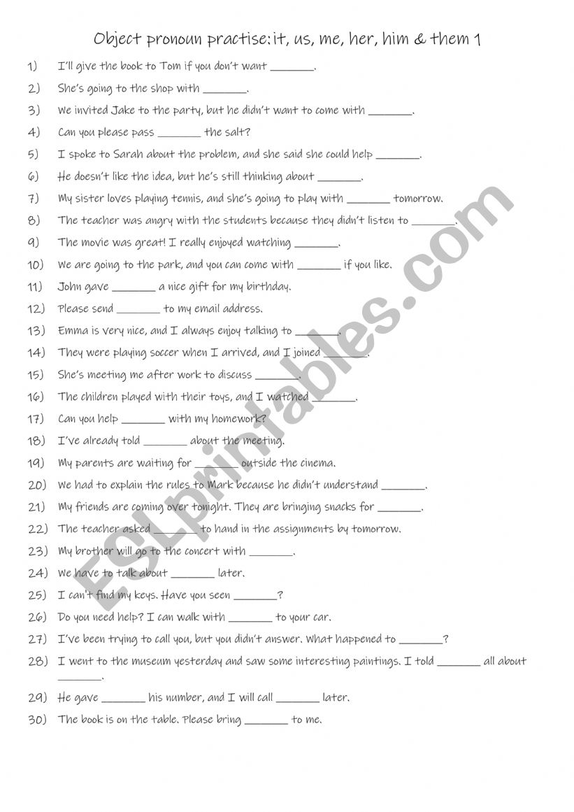 A1-A2 Object pronoun practise: it, us, me, her, him & them 1 