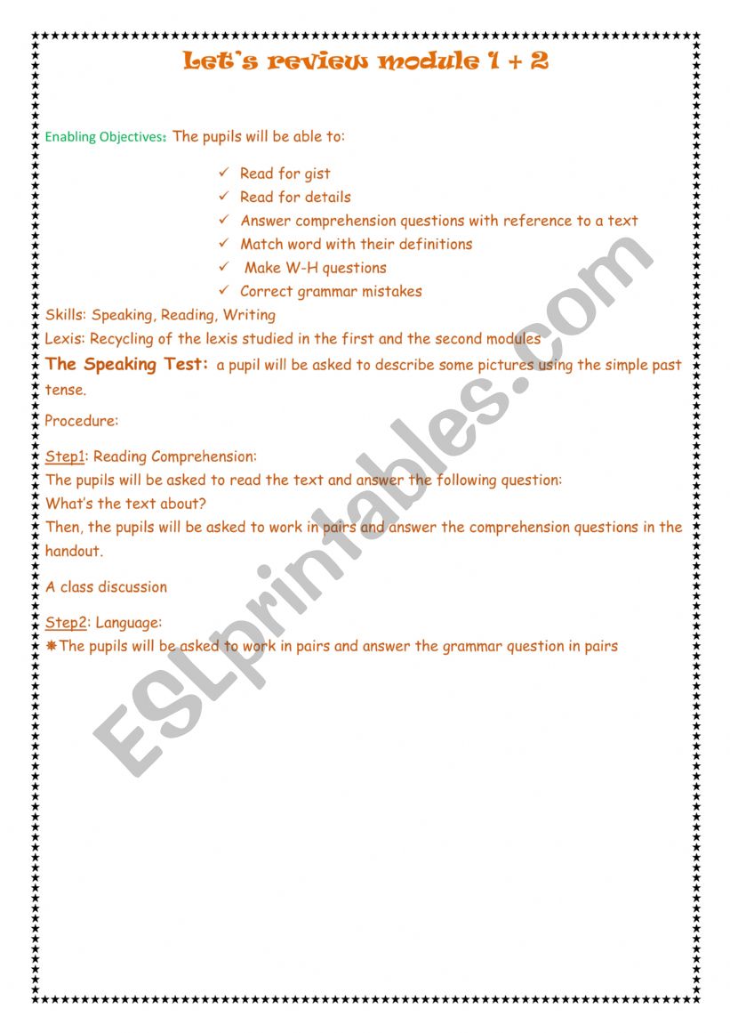 Review +lesson plan dealing with mod 1 and 2   9th 