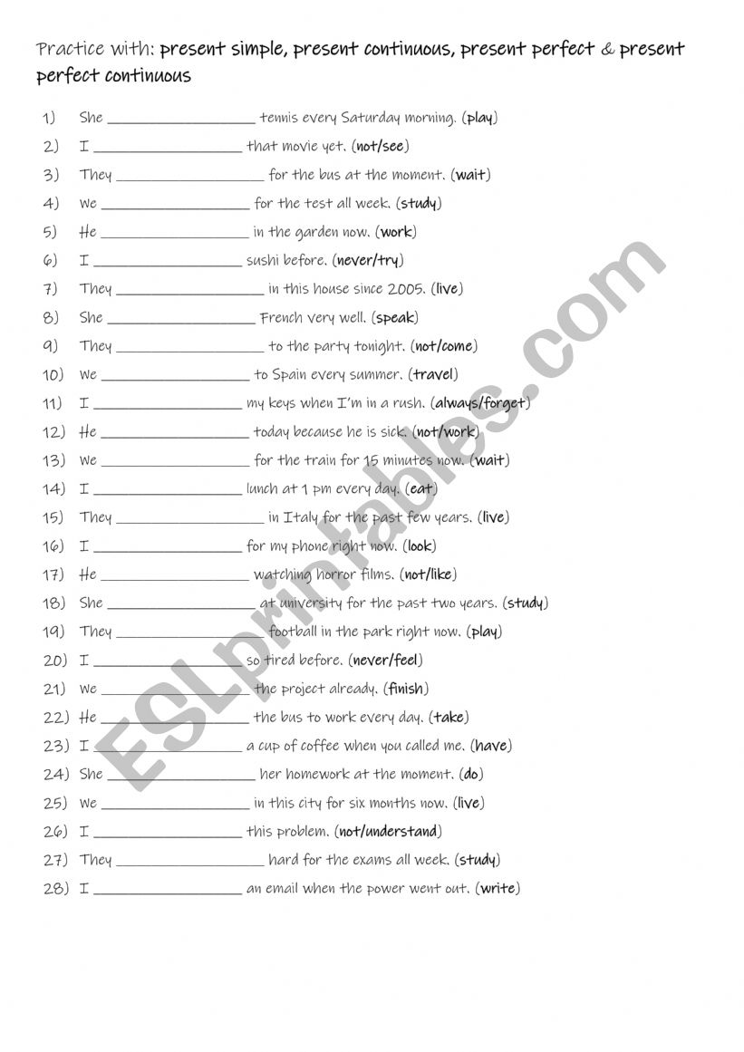 B1 -B2 Practice with present simple, present continuous, present perfect & present perfect continuous
