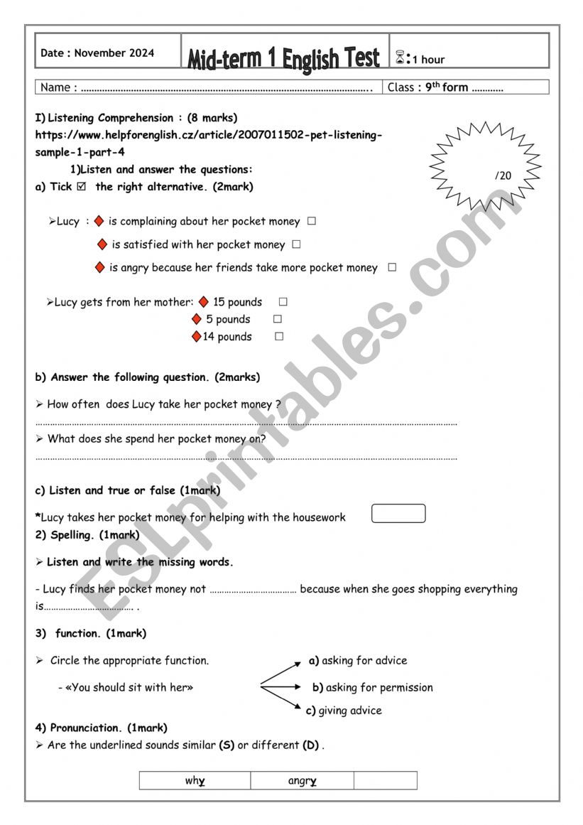 mid term 1 test 9th form worksheet