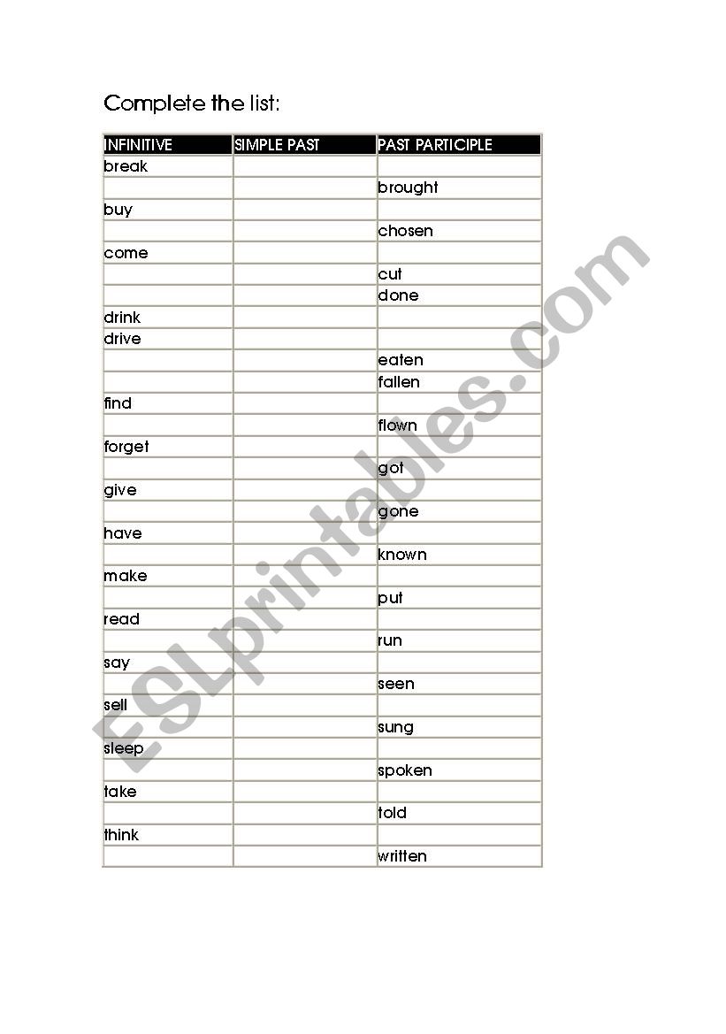 Irregular verbs exercise - complete the list (elementary)