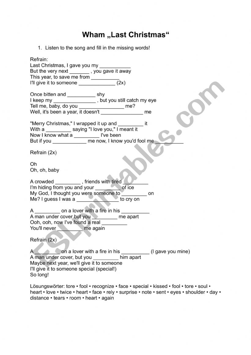 Listening exercise for Last Christmas by Wham